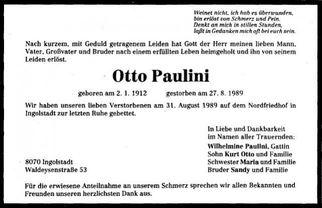 Paulini Otto 1912-1989 Todesanzeige